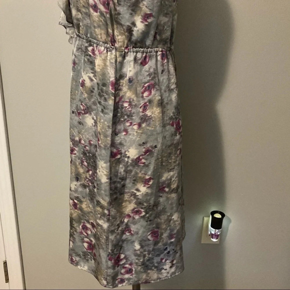 LOFT Gray & Purple Watercolor Print Ruffle Dress 4 - Picture 6 of 15